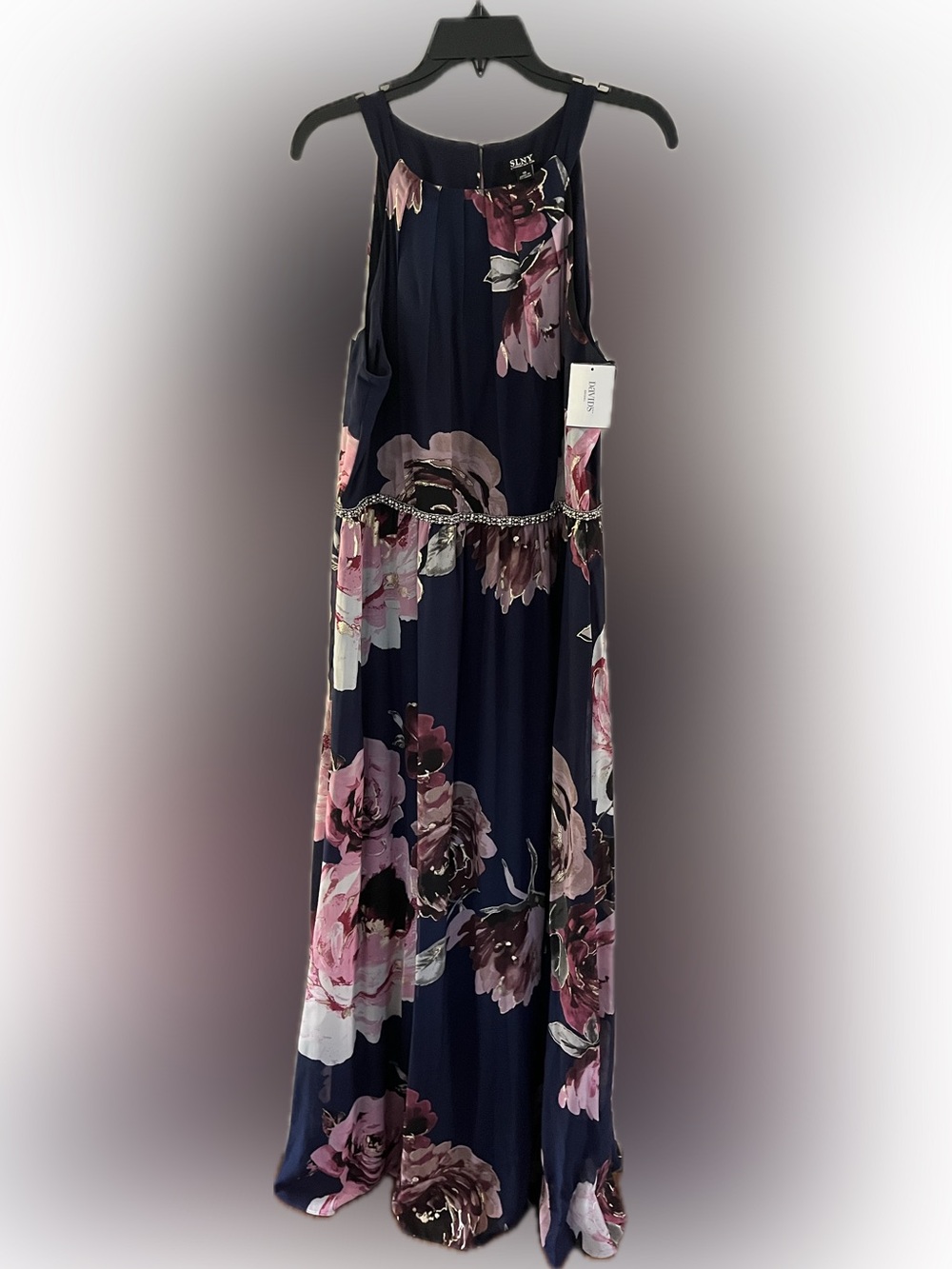 SLNY Navy Maxi Dress with Pink Floral Print and Beaded Waist